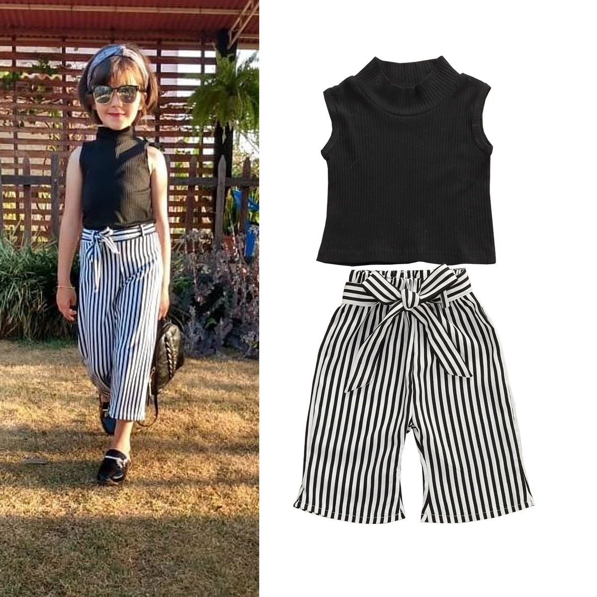 Модный пуловер в рубчик без рукавов для маленьких девочек топ и длинные брюки