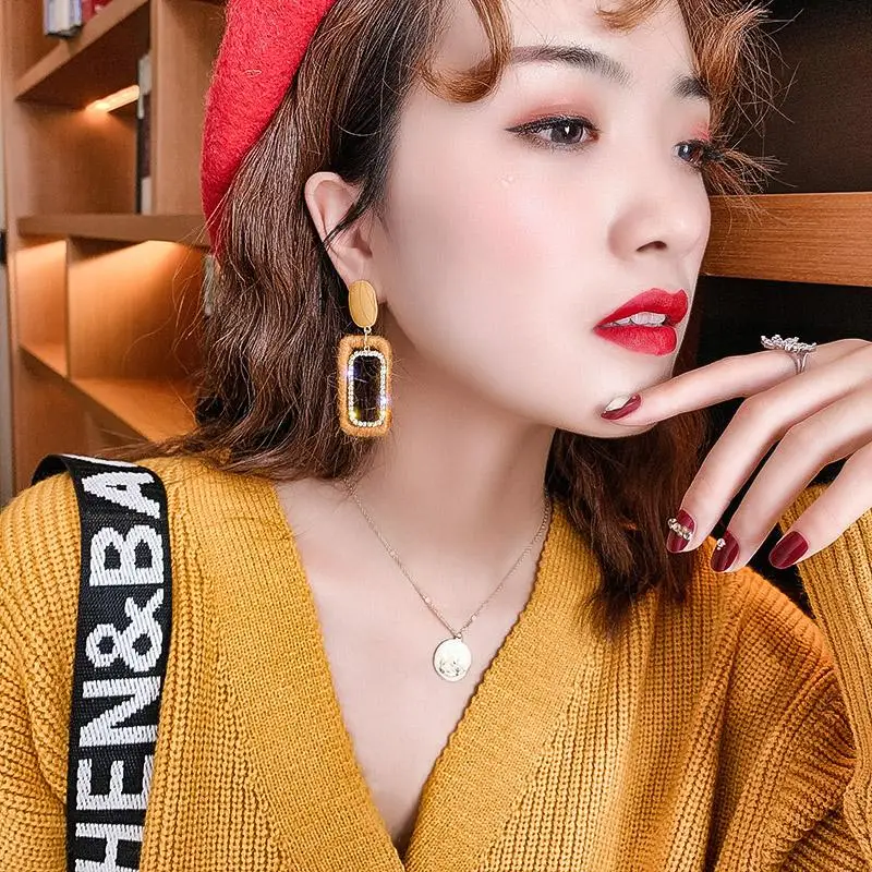 

CALESU 925 Silver Needle Drop Earrings Rhinestone Plush Fashion Ear Drop Trendy Ear Stud Square Oil Drop Earrings FCC018 PR49