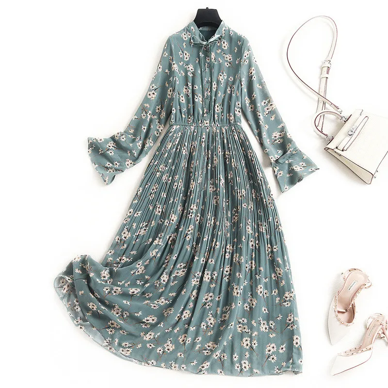 

Женское плиссированное платье миди, шифоновое платье с цветочным принтом и бантом на воротнике, весна 2021