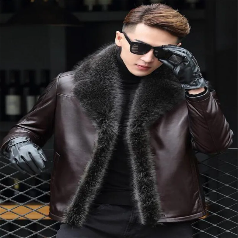 

M-5XL Nice Winter Pop Men Lambswool Leather Jacket Genuine Leather Coats Thicken Fur Animal Collar Jaqueta Masculino Plus Size