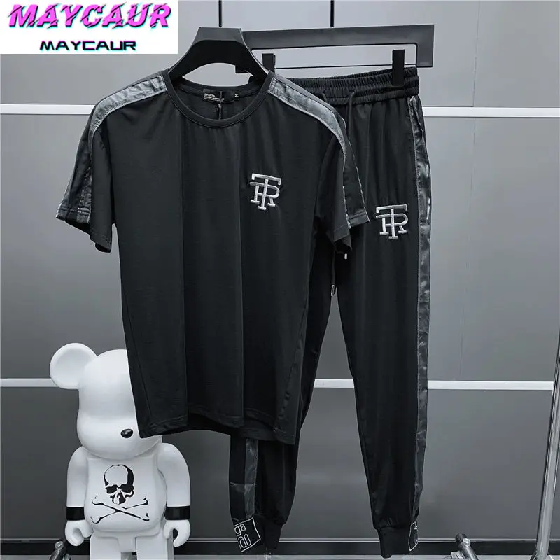 

Men Sets Korean Embroidery Sports and Leisure Ice Silk Tshirt Trousers Joggers Set Two Piece Set Summer Fashion Clothes for Men