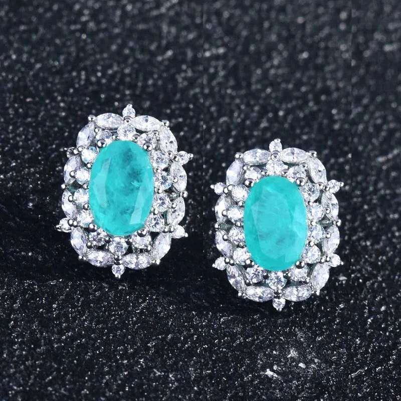 

Fashion Geometric Stud Earrings Inlay Oval Paraiba Stone Shiny Small Zircon 925 Silver Jewelry For Women Wedding Engagement Gift