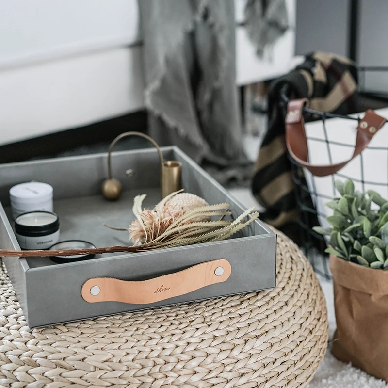 

Nordic PU Leather Organizer Tray Storage Box with Handle Small Stuff Snacks Support Neatening Holder Home Office Table Decor