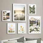 Маргаритка, Мак, цветок, озеро, лодка, летний рассвет, настенная Картина на холсте, скандинавские плакаты и картины на стену для декора гостиной
