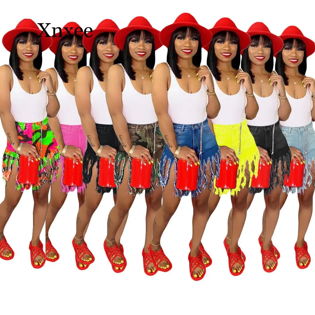 Camo  Tassel Denim Shorts Women Elastic High Waist Rave Short Jeans Summer Streetwear Neon Casual Biker Shorts