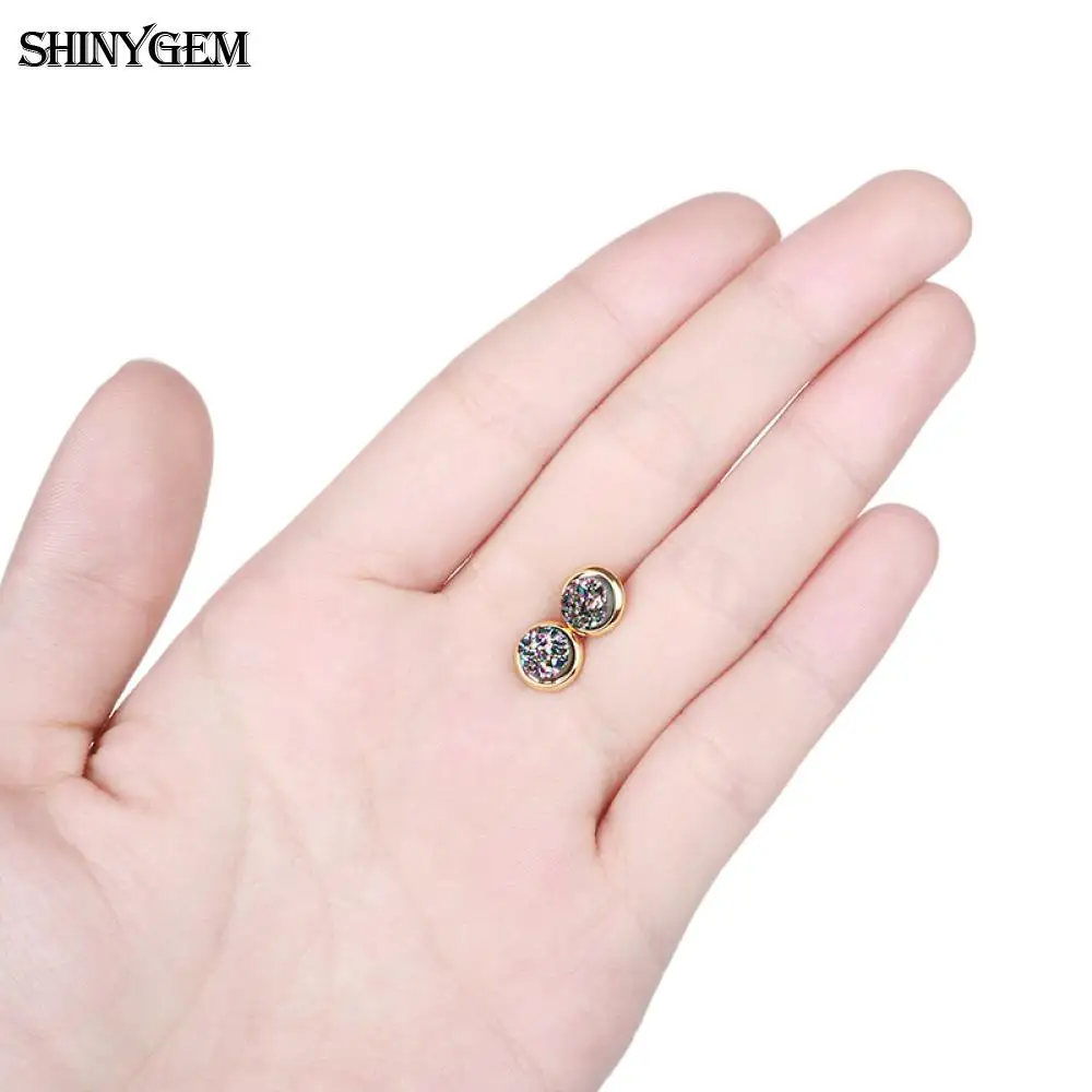 

6mm Round Convex Druzy Crystal Earrings Gold Plating Natural Stone Earrings Simple Design Small Druzy Stud Earrings For Women