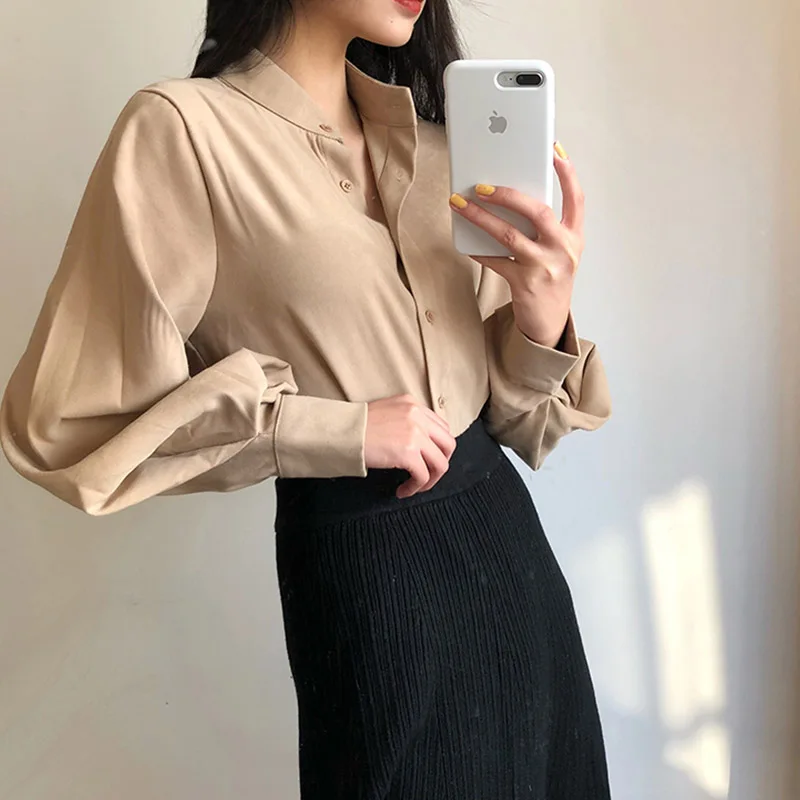 2019 зимняя женская Повседневная Блузка Корейская Осенняя модная Однотонная