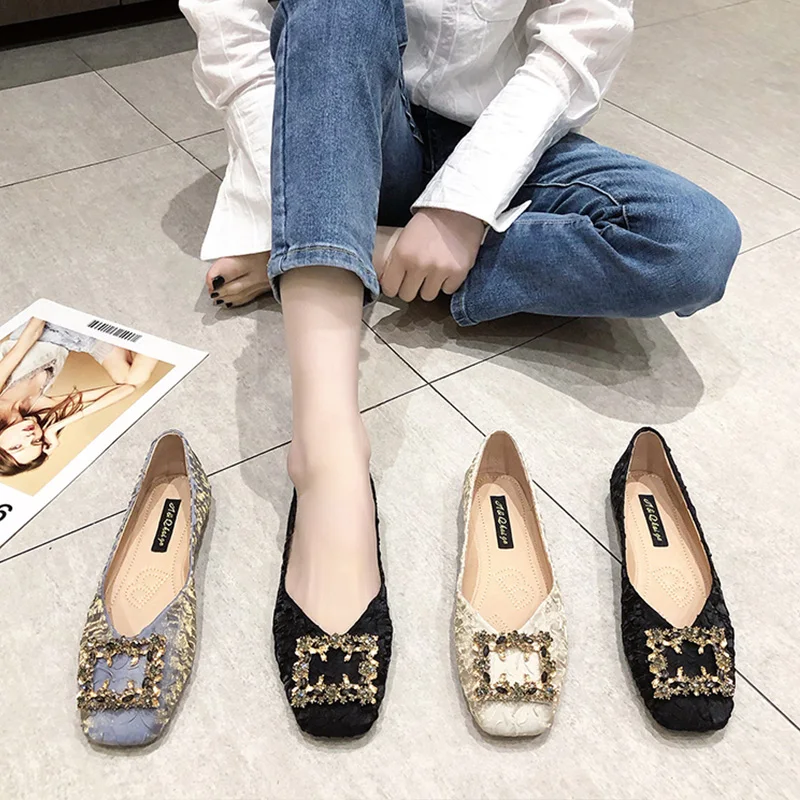 

Pointed Toe Shoes Woman 2021 Female Footwear Low Heels Shallow Mouth Black Flats Crystal Casual Sneaker New Dress Nurse Square S