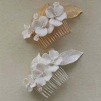 slbridal handmade ins style alloy leaf rhinestone ceram flower pearls bridal hair comb wedding hair accessories women jewelry