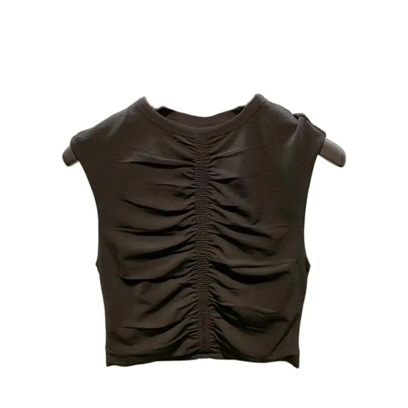 

2021 summer NEW pleated design sleeveless T-shirt Women's solid color all-match short slim-fit T-shirt High-quality cotton top