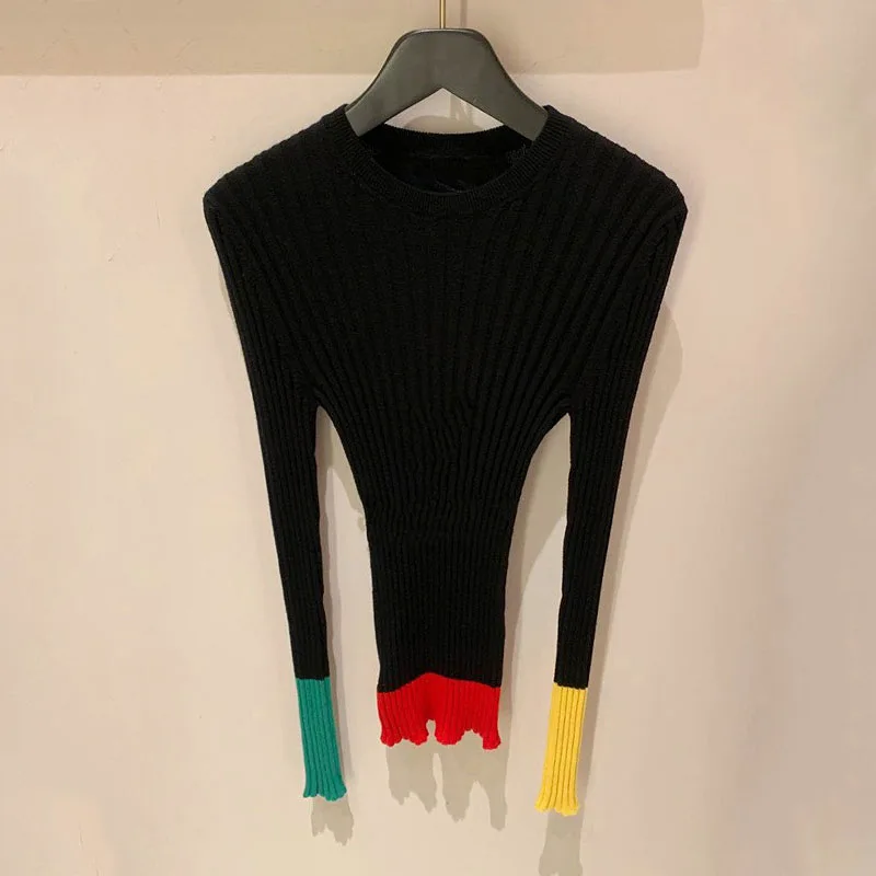 

Color Patchwork Sweaters Women O-neck Long Sleeve Slim 2021 New Pullovers