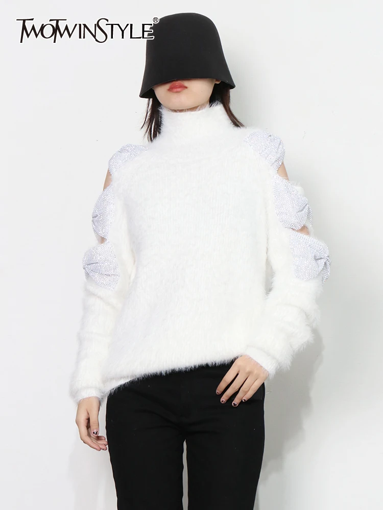 

Женский свитер с бантом TWOTWINSTYLE, Повседневный свитер с высоким воротником и длинным рукавом, осень 2019