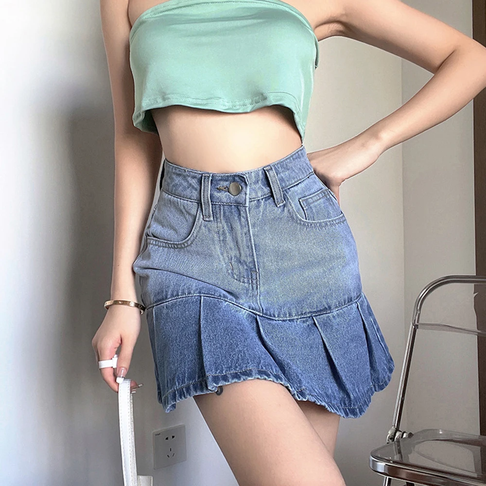 

2021 Summer Fashion Denim Pleated Skirt Ruffled High Waist Irregular Retro Gradient Color Slim Fit Hip Skirts