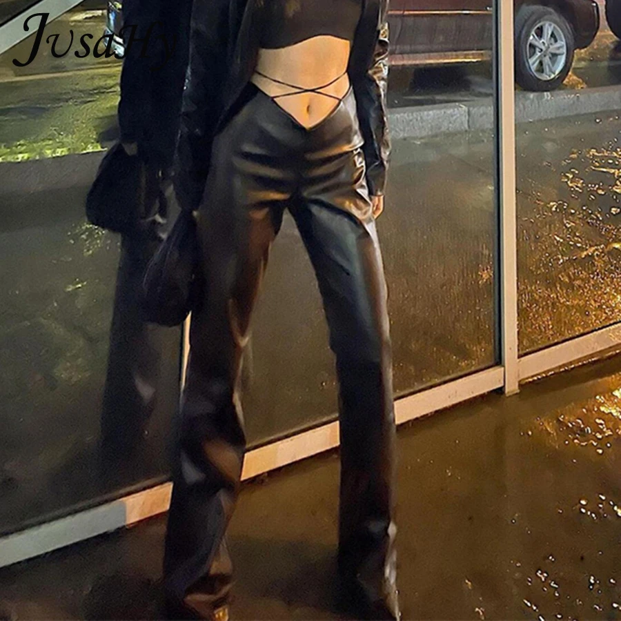 Черные женские расклешенные брюки JuSaHy Y2K из искусственной кожи модные облегающие