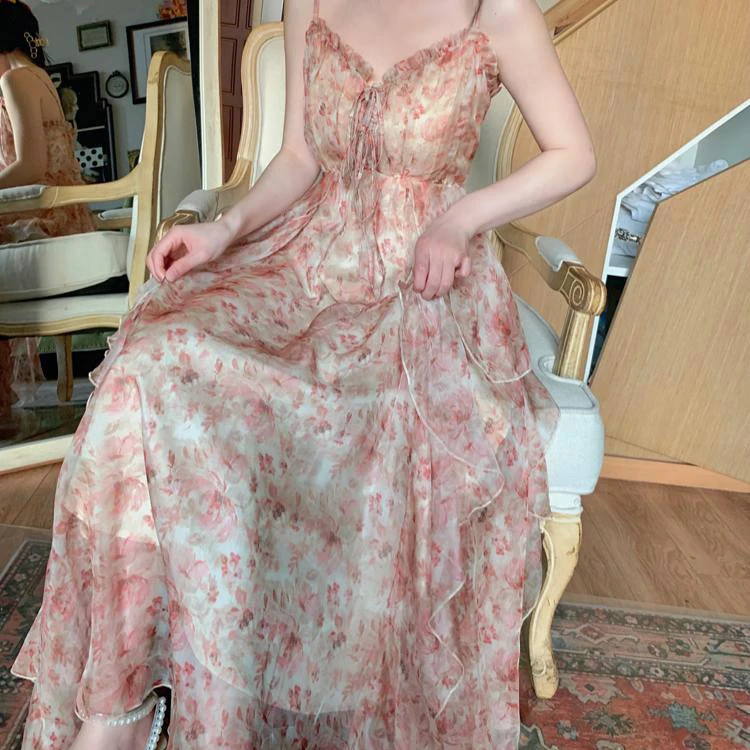 

Long summer close waist French Floral Dress plus size party dress Cascading Ruffle Floor-Length Spaghetti Strap