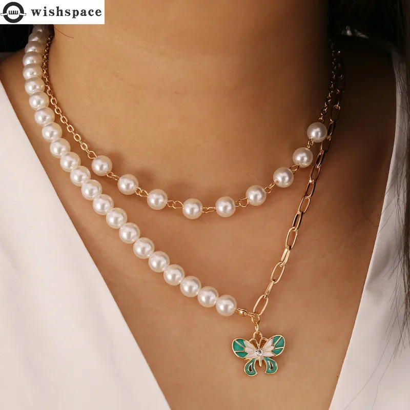 

Wishspace butterfly multilayer pearl choker necklace popular fashionable woman clavicle chain jewelry wholesale