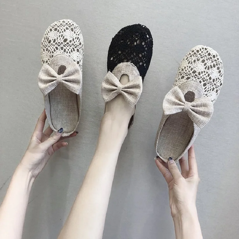 

2020 South Korean New Lace Baotou mesh half slippers women's summer hollow linen weaving lazy people wear cool slippers outside