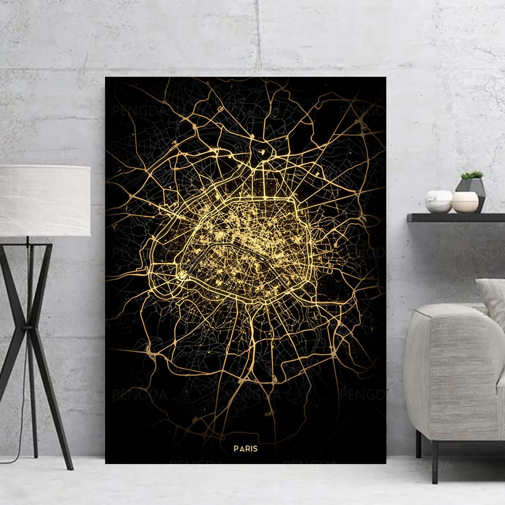 Город золотая линия цифровая карта Модульная картина холст настенные