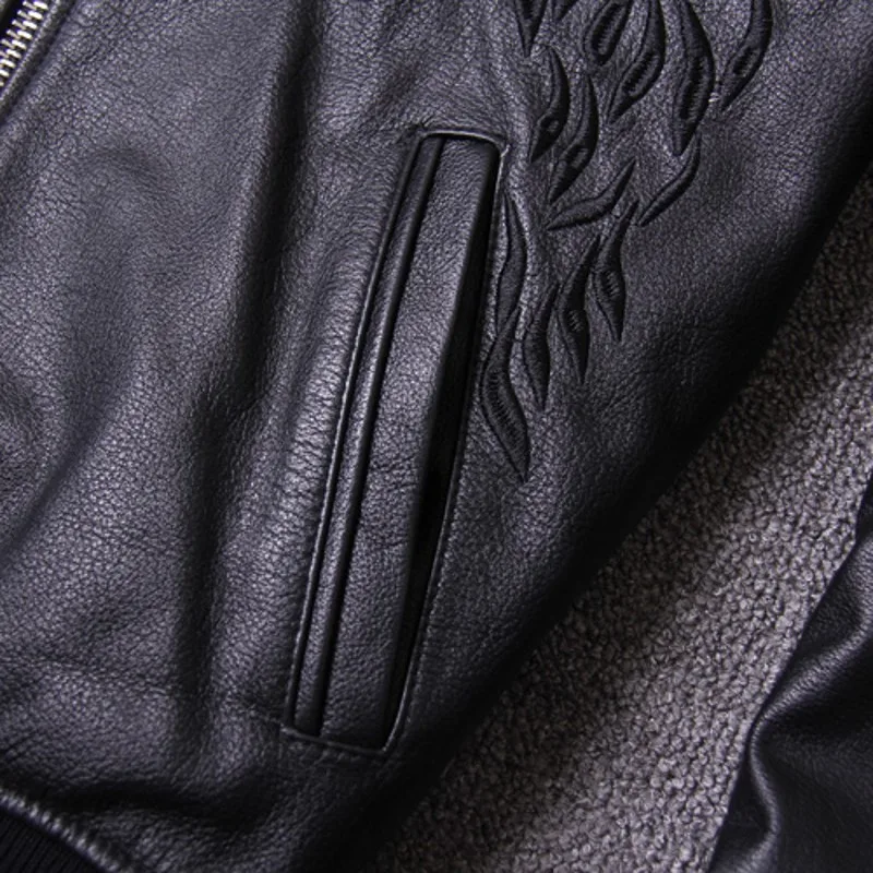 

New Motorcycle Spring Chaqueta Cuero Hombre Embroidery Stand Collar Bomber Jacket Men Hip Hop Cowhide Genuine Leather Pilot Coat