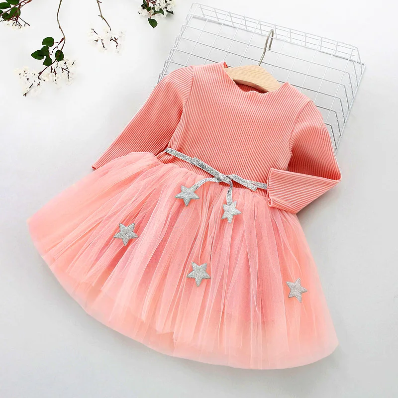 

Shriymariy Autumn Winter Long Sleeve Knitted Girls Dresses Kids Star Print Sequin Dress Birthday Party Mesh Children Clothing