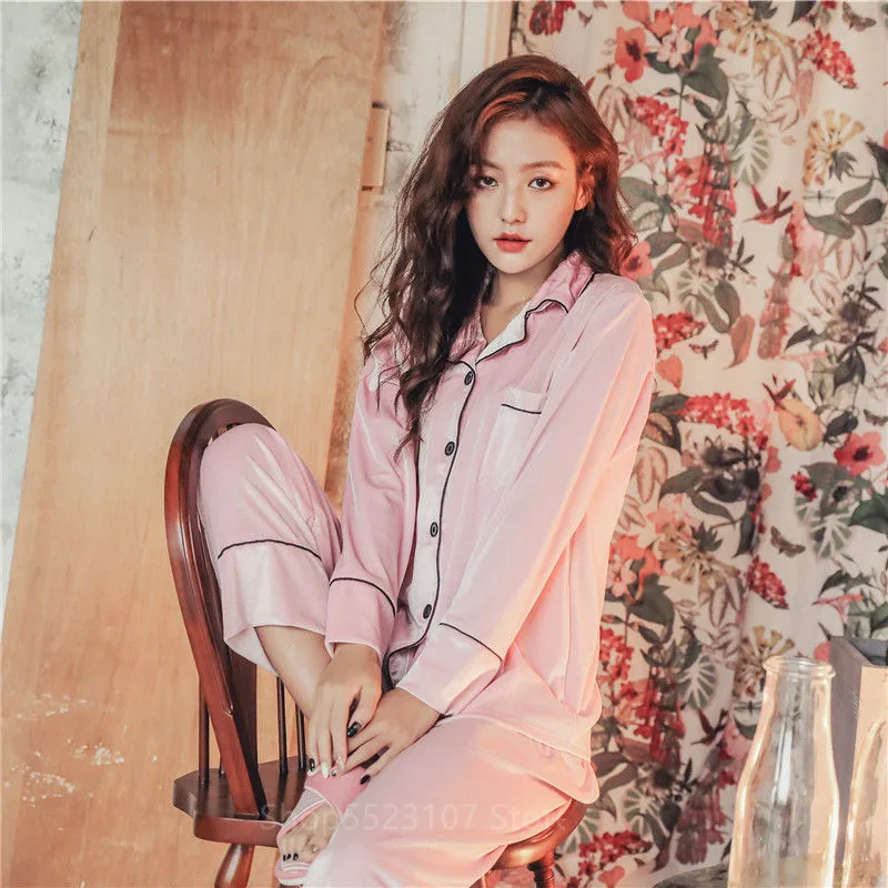 

Winter Warm Pajamas Set Woman Loose Homewear Elegant Deep Gold Velvet Sleepwear Long Sleeves Pants 2 Peices Casual Nightwear