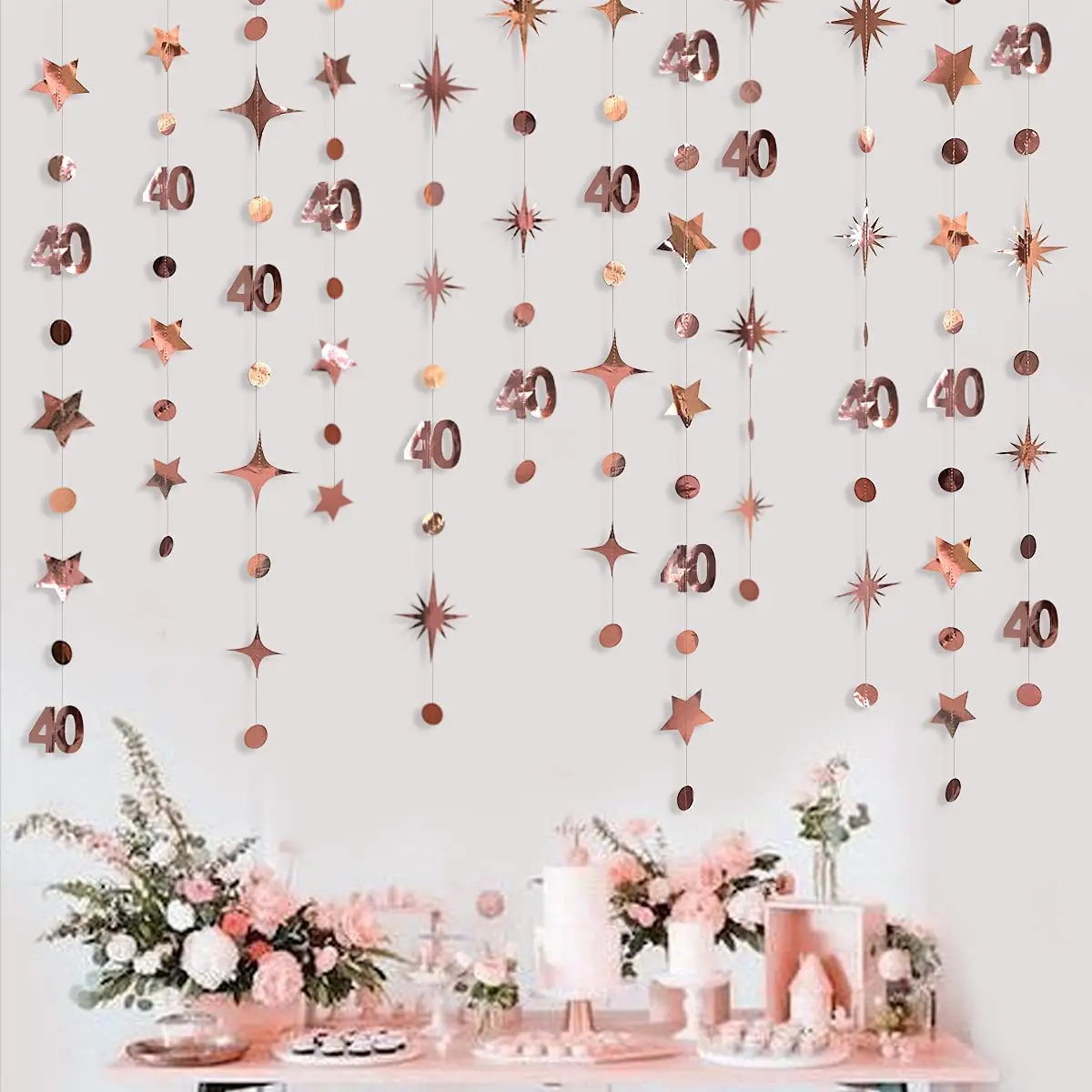 

Rose Gold Number 40th Circle Dots Twinkle Star Garlands Hanging Banners for Forty Woman 40st Year Old Birthday Party Decorations