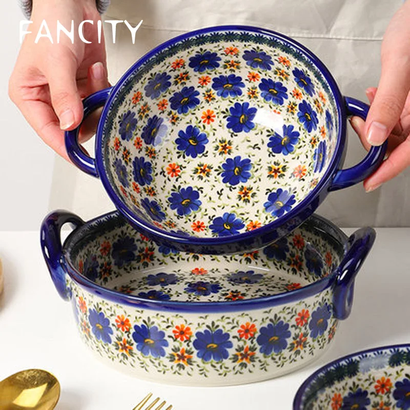 

FANCITY Polish ceramic handle bowl household oven microwave special binaural soup bowl instant noodle bowl tableware baking tray
