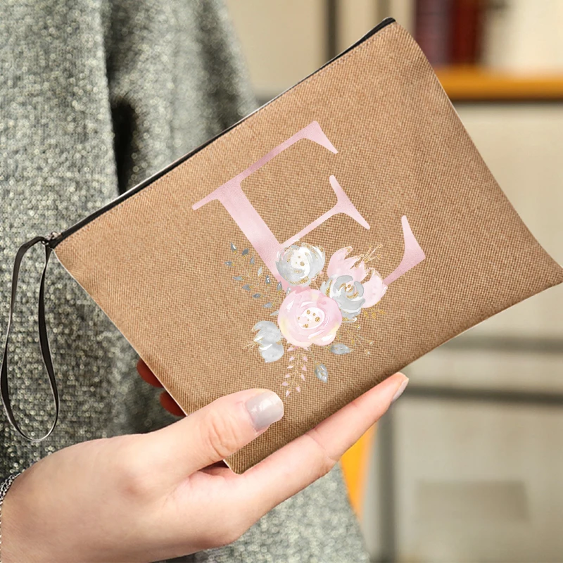 

Women Fashion Cosmetic Bag 26 Pink Letters Zipper Pouch Makeup Organizer Toiletry Bags Tote Handbag Purses Wholesale Makeup Bag
