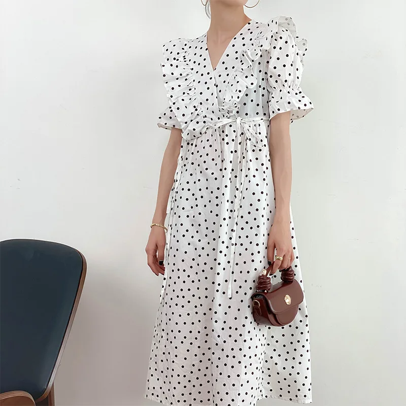 

Puff Sleeve V-neck Casual Midi Korean Dress Women Vintage Polk Dot Print French Elegant Dresses 2021 Summer Fairy Grunge Robe
