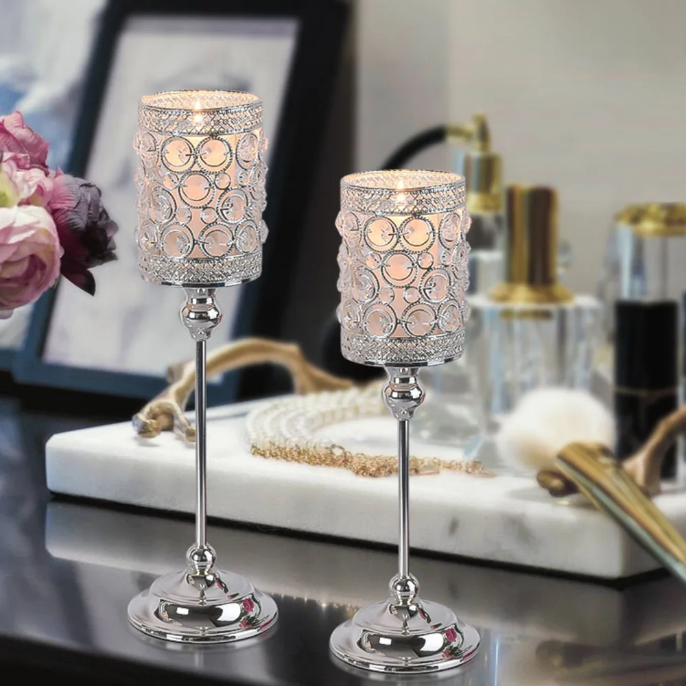 

Silver Metal Crystal Candle Holders Out Hollow Cylinder Candlestick Stand Party Wedding Centerpieces Candles Vintage Home Decor