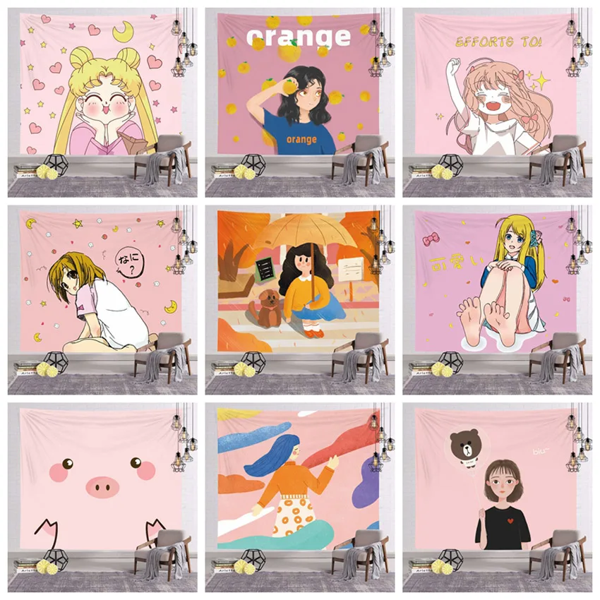 

Розовый гобелен с героями мультфильмов для девочек, украшение для комнаты, домашнее украшение для комнаты, гобелен для комнаты, гобелен для ...