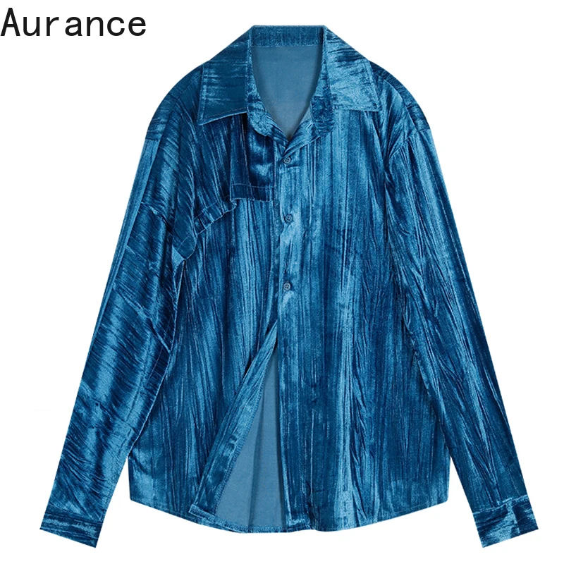 

[Aurance] Women New Lapel Long Sleeve Big Size Velvet Blue Leisure Blouse Loose Fit Shirt Fashion Tide Spring Autumn Tops 2021
