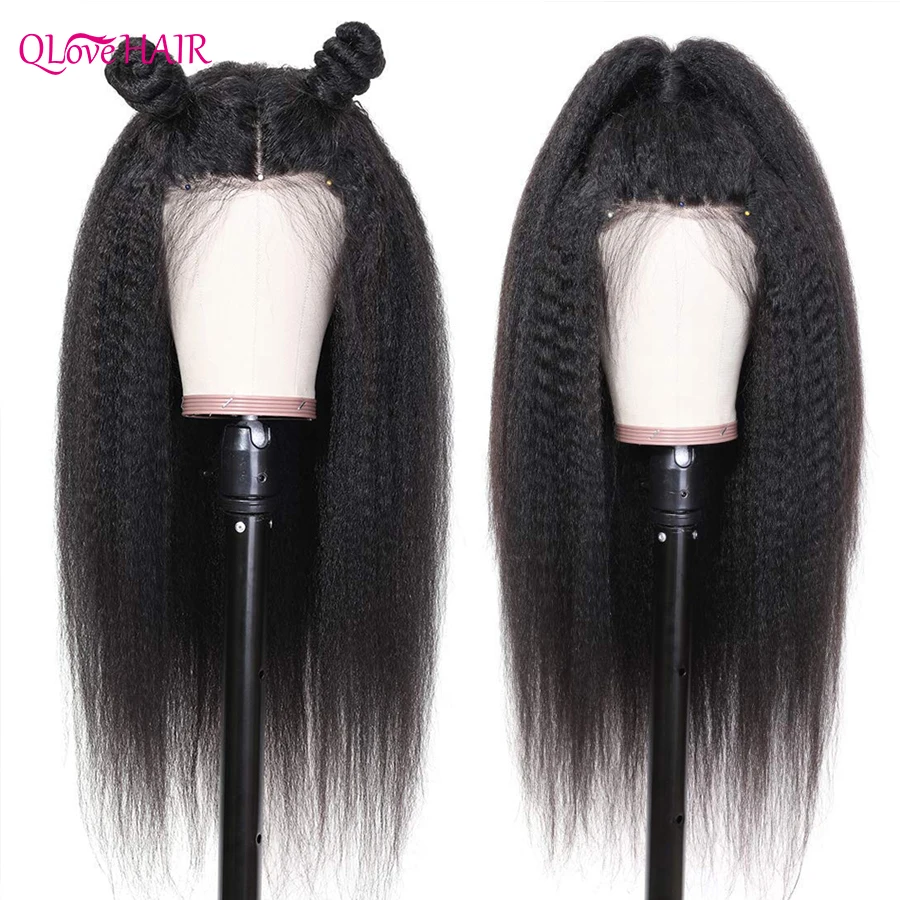 Qlove Hair Kinky Straight Hair Wig 13X4 Lace Front Wig 180% 4X4 5X5 Lace Closure Wig European Yaki Straight Human Hair Wig