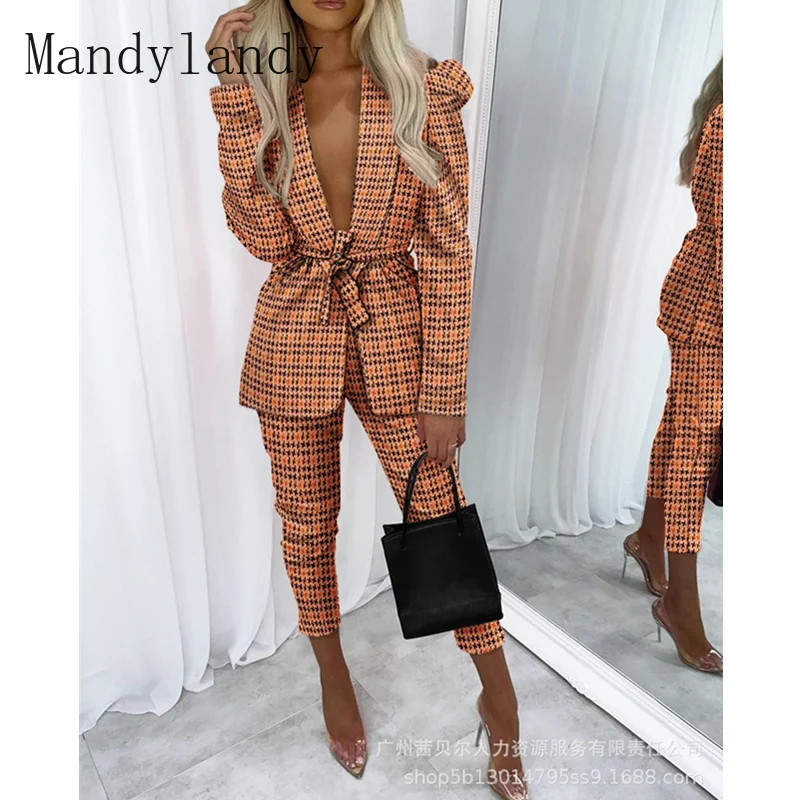 

Mandylandy Women's Elegant Plaid Blazer Suit Set Outfits Lady Autumn Jacket Coat + Skinny Pants Two Piece Set