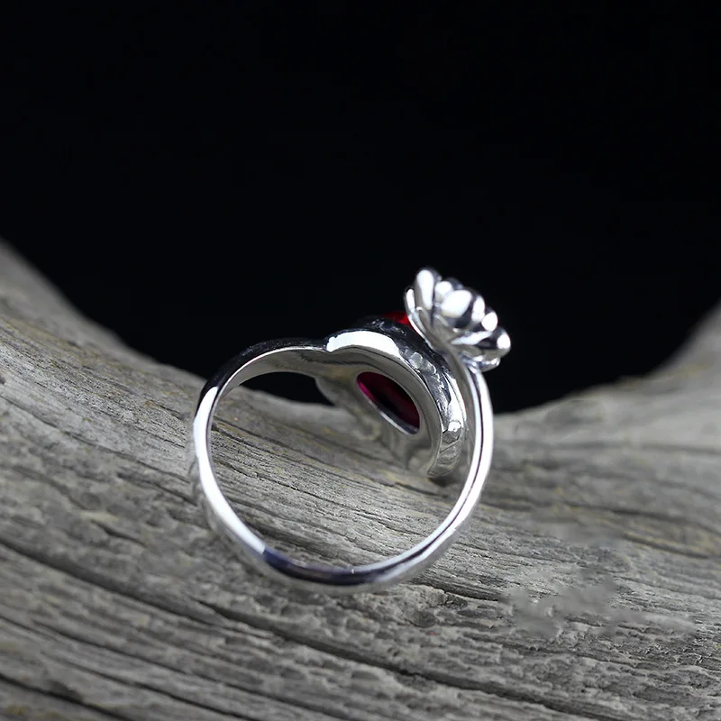 

Real Pure 925 Sterling Silver Jewelry Ruby Rings Women Oval Natural Red Corundum Opening Type Vintage Flower Rings
