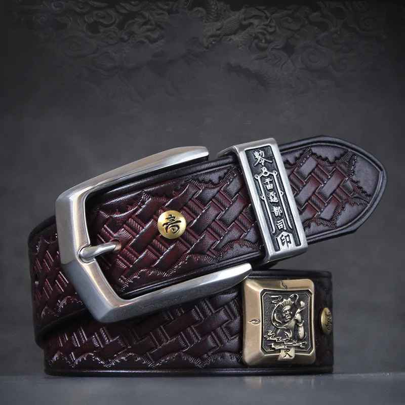 Handmade Pure Copper Weave Pattern Genuine Leather Strap Male Belts For Men Women Cowhide Vintage Buckle Belt