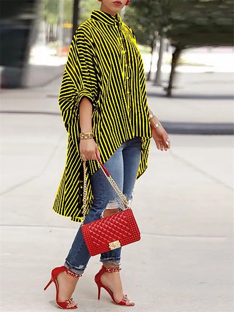 2019 Striped Blouse Long Shirt Women Blusas Loose Batwing Sleeve Turn-down Collar Asymmetrical Button-Up Casual Blouses Shirts