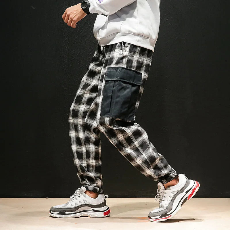 

2021 клетчатые брюки-карго для мужчин японская мода осень большой повседневные клетчатые штаны в стиле ретро ноги гарем брюки мужские брюки д...