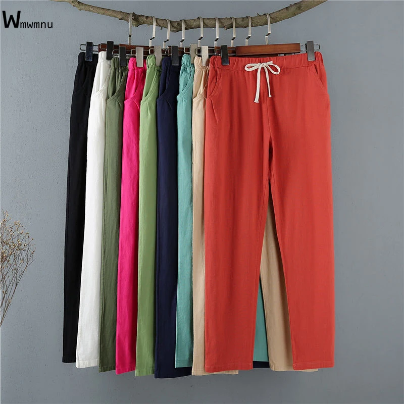 

Large Size Elastic High Waist Harem Pants Casual Spring Trousers Solid Candy Color Baggy Cotton Linen Ankle-Length Pants Women