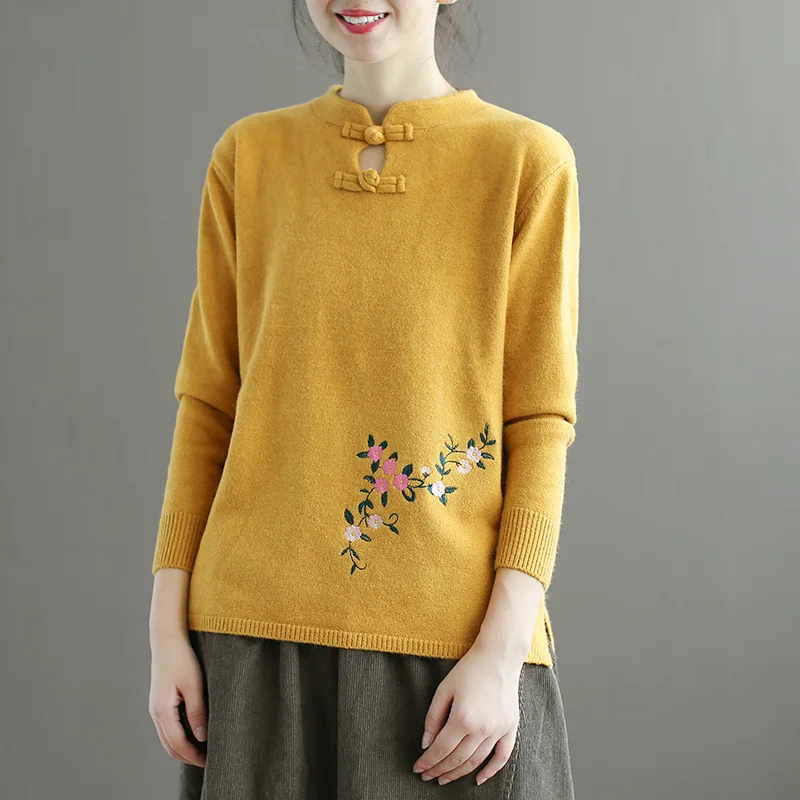 Женский вязаный свитер Johnature свободный с длинными рукавами и вышивкой в