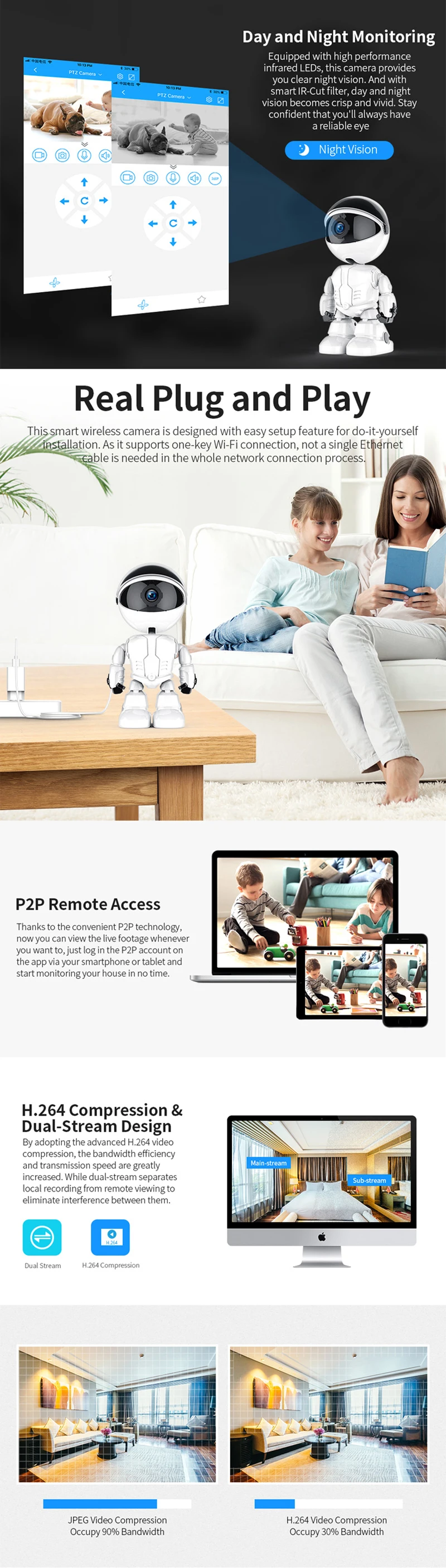 WakeView робот беспроводной P2P облачная технология IP wifi камера ночного видения многоязычные языки дистанционного наблюдения сигнализация IOS Android