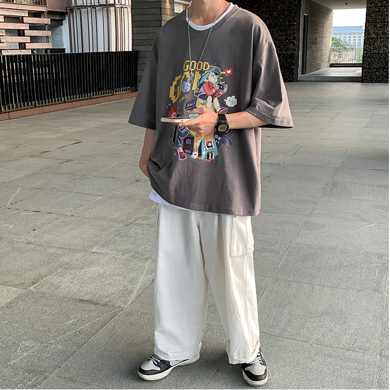 

Men T-shirt 2021 New Arrival Summer Hip-hop Male T-shirts Loose Cartoon Cotton Teenage Boy European and American Style T23