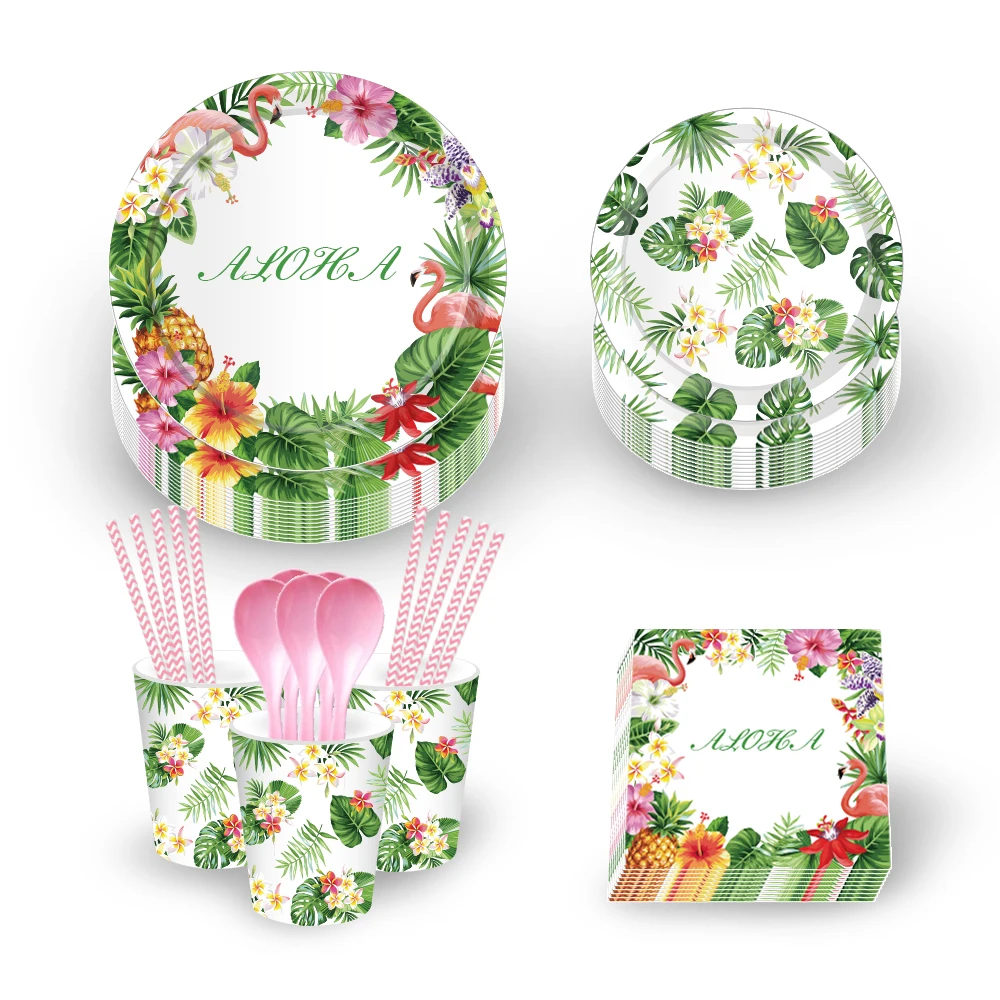 

Summer Hawaii Cartoon Palm Leaves Theme Birthday Party Paper Disposable Tableware Sets Plates Cups Napkins Baby Shower Party