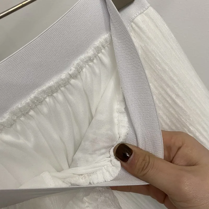 

2021 Summer New Simple White Elastic High Waist Irregular Mesh Long Skirt All-match Casual Women Pleated Skirt Free Shipping