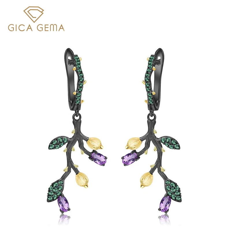 

GICA GEMA Аметист Серьги 925 стерлингового серебра с натуральным фиолетовый камень модные необычные серьги для женщин, ювелирное изделие, подаро...