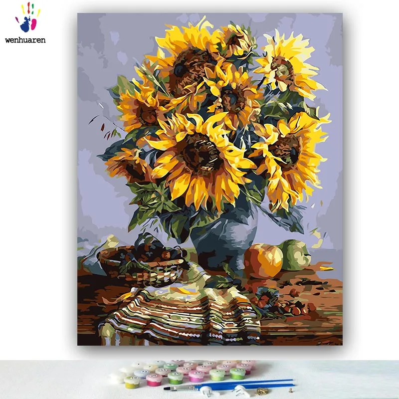 DIY картинки для раскраски по номерам с цветами подоконник Подсолнух натюрморт