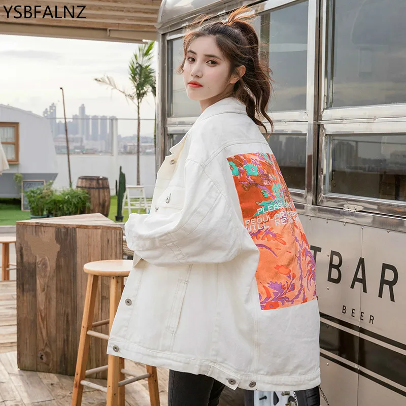 

White BF Mid-Long Harajuku Women's Denim Jacket 2021 Spring Streetwear Vintage Abstract Print Loose Ladies Jeans Coats Outwear