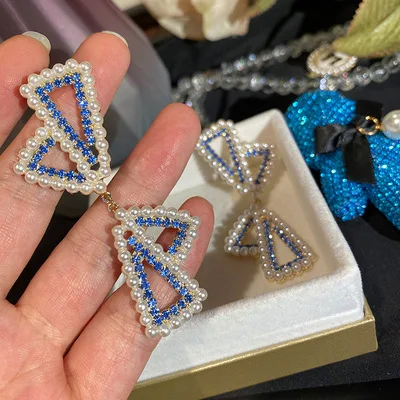 Fashion Triangle Earrings For Women Pearl Earrings Blue Zircon Temperament Joker Personality Japanese And Korean 2021 New Trend