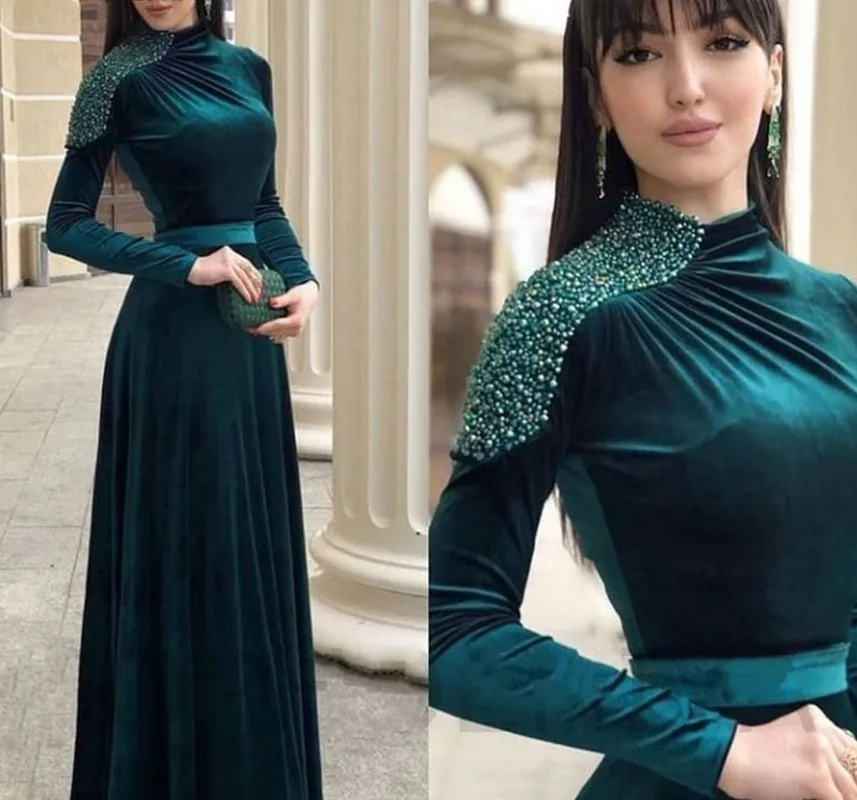 

Hunter Green Arabic Dubai Long Evening Dress High Neck Sleeves Pearls Muslim Prom Party Gown Vestidos Fiesta Robe De Soiree