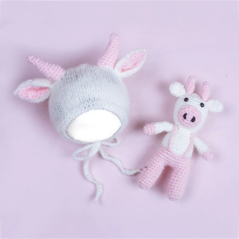 

77HD Baby Crochet Cow Doll Cute Animal Ox Hat Bonnet Beanies Knitted Stuffed Toys Set Newborn Photography Props